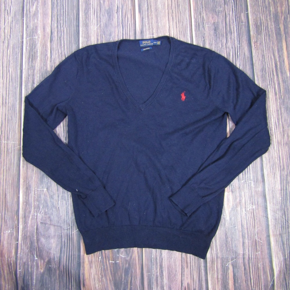Polo Ralph Lauren V-Neck Sweater Mens Medium Navy Blue Pima Cotton Pony Logo